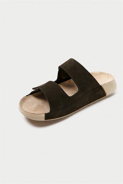 Mubiano Hakiki Deri Summer Kadın Çift Bantlı Nubuk Özel Taban Haki Terlik - MSSR26-HK