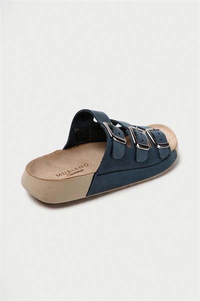 Mubiano Hakiki Deri Summer Kadın Üç Bantlı Nubuk Özel Taban Mavi Terlik - MSSR18-M
