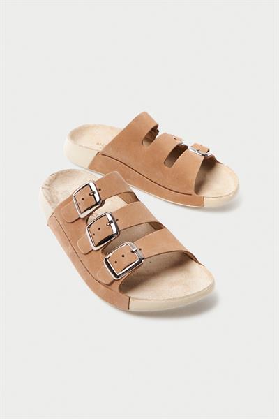 Mubiano Hakiki Deri Summer Kadın Üç Bantlı Nubuk Özel Taban Bej Terlik - MSSR18-BJ