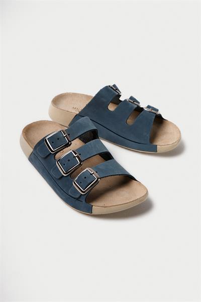 Mubiano Hakiki Deri Summer Kadın Üç Bantlı Nubuk Özel Taban Mavi Terlik - MSSR18-M