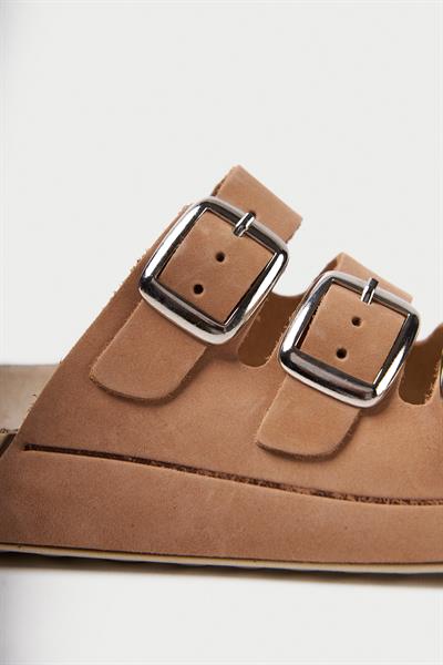 Mubiano Hakiki Deri Summer Kadın Üç Bantlı Nubuk Özel Taban Bej Terlik - MSSR18-BJ