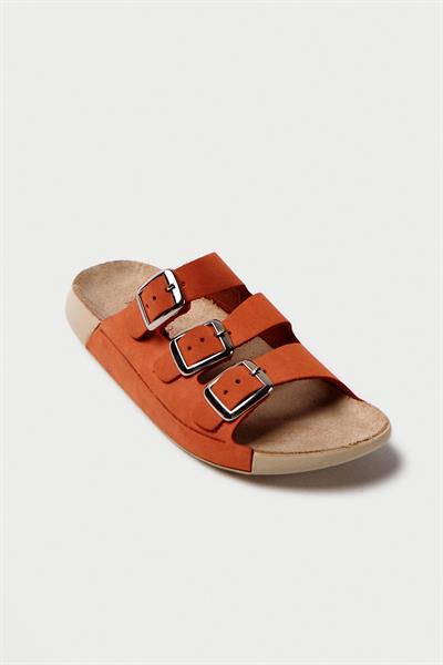 Mubiano Hakiki Deri Summer Kadın Üç Bantlı Nubuk Özel Taban Oranj Terlik - MSSR18-ORJ