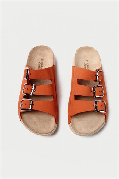 Mubiano Hakiki Deri Summer Kadın Üç Bantlı Nubuk Özel Taban Oranj Terlik - MSSR18-ORJ