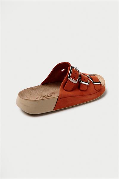 Mubiano Hakiki Deri Summer Kadın Üç Bantlı Nubuk Özel Taban Oranj Terlik - MSSR18-ORJ