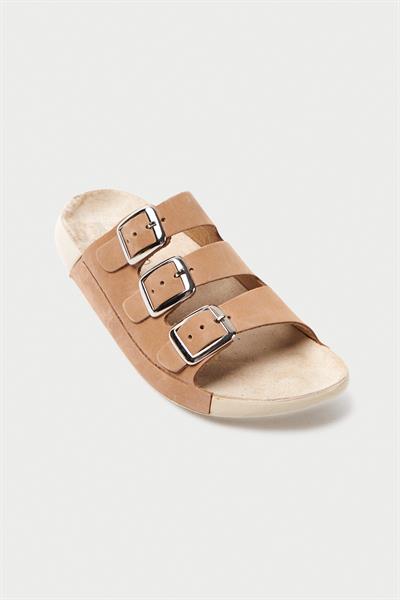 Mubiano Hakiki Deri Summer Kadın Üç Bantlı Nubuk Özel Taban Bej Terlik - MSSR18-BJ