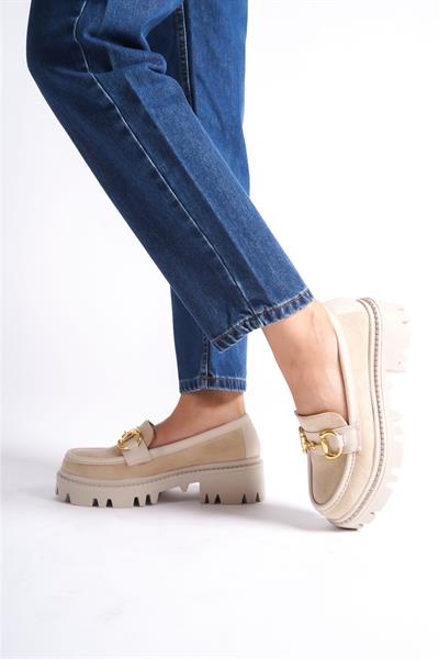 Mubiano MB1170-BJ Kalın Taban Lüx Süet Tokalı Bej Kadın Kolej Loafer