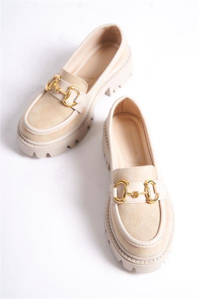 Mubiano MB1170-BJ Kalın Taban Lüx Süet Tokalı Bej Kadın Kolej Loafer