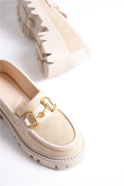 Mubiano MB1170-BJ Kalın Taban Lüx Süet Tokalı Bej Kadın Kolej Loafer