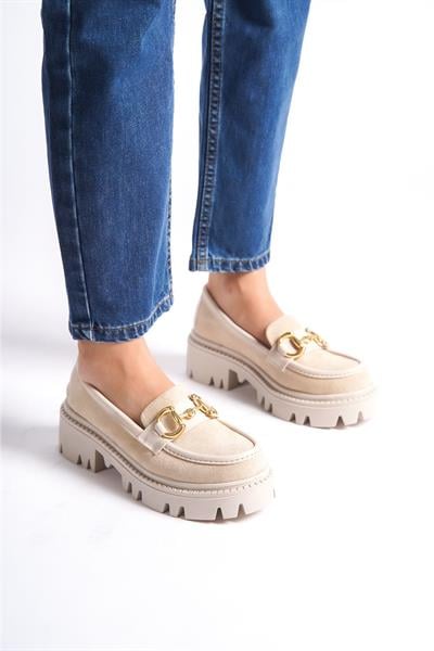 Mubiano MB1170-BJ Kalın Taban Lüx Süet Tokalı Bej Kadın Kolej Loafer