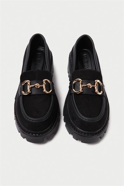 Mubiano MB1170-S Kalın Taban Lüx Süet Tokalı Siyah Kadın Kolej Loafer