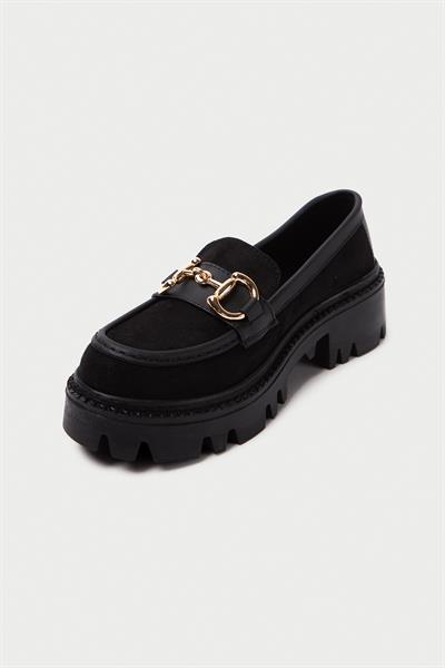 Mubiano MB1170-S Kalın Taban Lüx Süet Tokalı Siyah Kadın Kolej Loafer