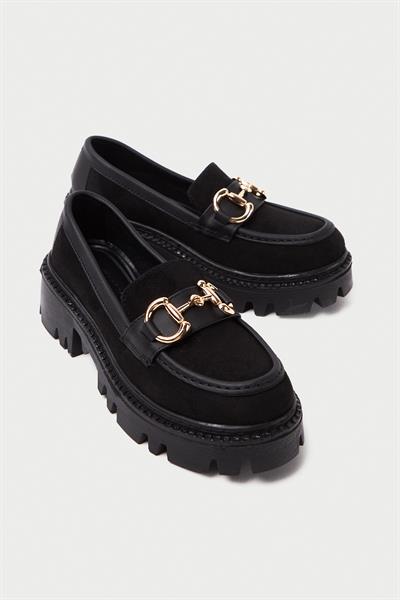 Mubiano MB1170-S Kalın Taban Lüx Süet Tokalı Siyah Kadın Kolej Loafer