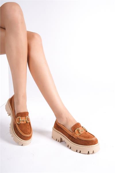 Mubiano MB1170-TB Kalın Taban Lüx Süet Tokalı Taba Kadın Kolej Loafer