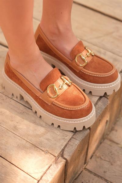 Mubiano MB1170-TB Kalın Taban Lüx Süet Tokalı Taba Kadın Kolej Loafer