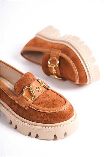 Mubiano MB1170-TB Kalın Taban Lüx Süet Tokalı Taba Kadın Kolej Loafer