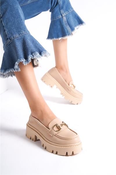 Mubiano MB1180-N Kalın Taban Nude Tokalı Kadın Kolej Loafer