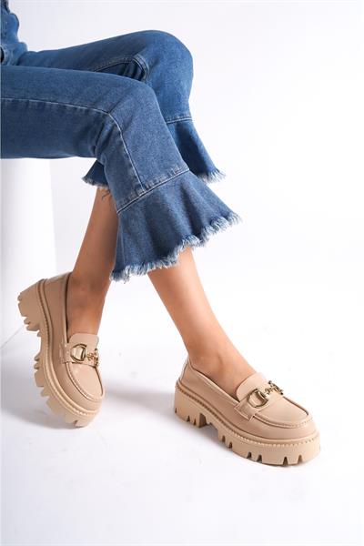 Mubiano MB1180-N Kalın Taban Nude Tokalı Kadın Kolej Loafer