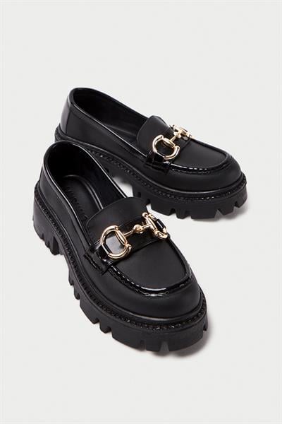 Mubiano MB1180-S Kalın Taban Siyah Kadın Tokalı Kolej Loafer