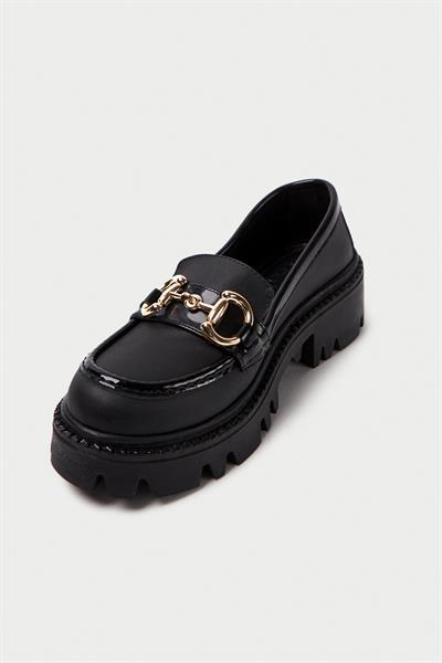 Mubiano MB1180-S Kalın Taban Siyah Kadın Tokalı Kolej Loafer