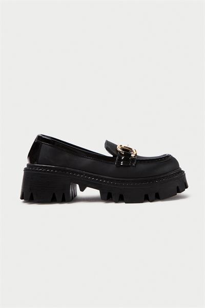 Mubiano MB1180-S Kalın Taban Siyah Kadın Tokalı Kolej Loafer