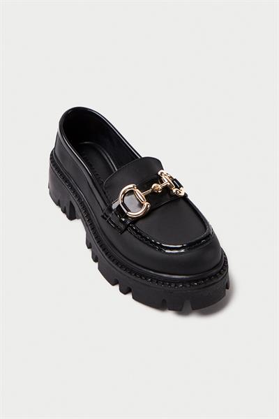 Mubiano MB1180-S Kalın Taban Siyah Kadın Tokalı Kolej Loafer