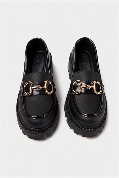 Mubiano MB1180-S Kalın Taban Siyah Kadın Tokalı Kolej Loafer