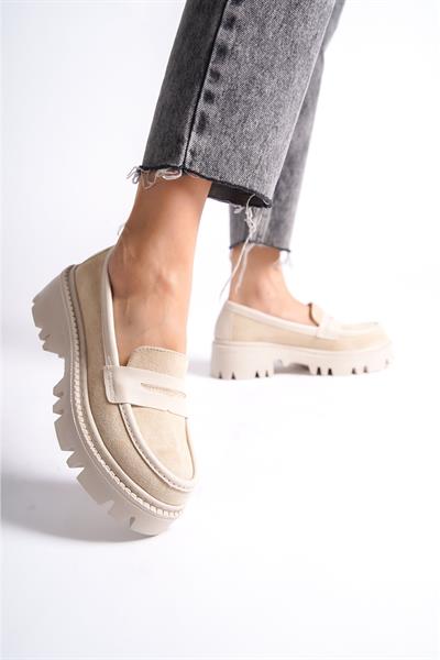 Mubiano MB1190-BJ Kalın Taban Lüx Süet Bej Kadın Kolej Loafer