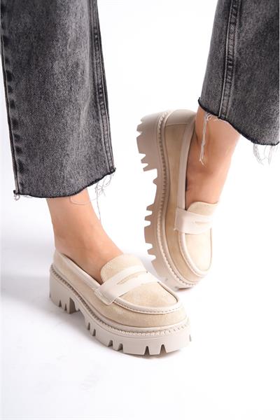 Mubiano MB1190-BJ Kalın Taban Lüx Süet Bej Kadın Kolej Loafer