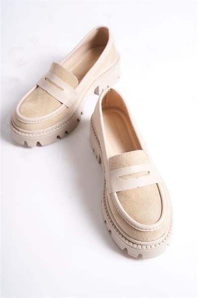 Mubiano MB1190-BJ Kalın Taban Lüx Süet Bej Kadın Kolej Loafer