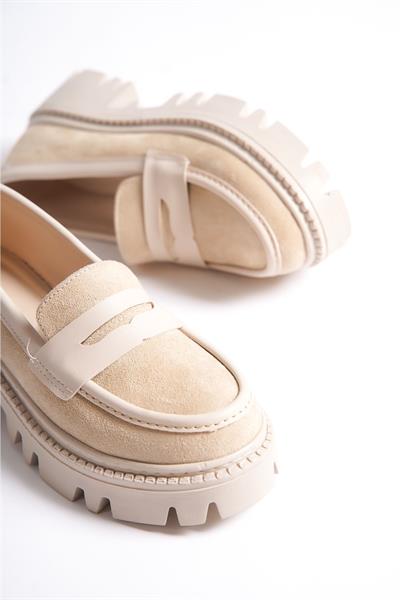 Mubiano MB1190-BJ Kalın Taban Lüx Süet Bej Kadın Kolej Loafer