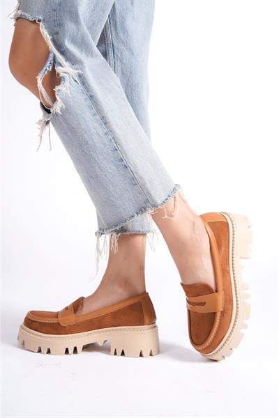 Mubiano MB1190-TB Kalın Taban Lüx Süet Taba Kadın Kolej Loafer