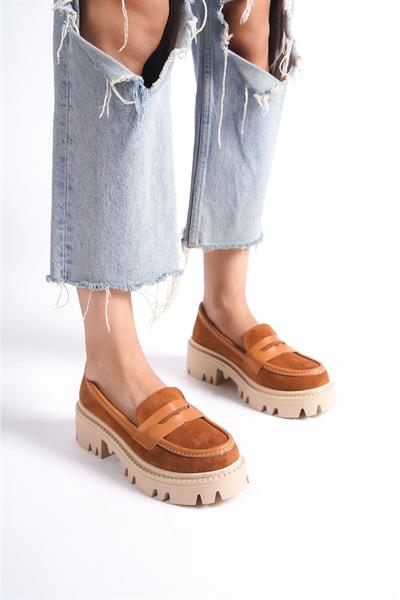 Mubiano MB1190-TB Kalın Taban Lüx Süet Taba Kadın Kolej Loafer