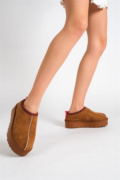 Mubiano MB4040-TB Kadın Kışlık Kalın Taban İçi Kürklü Süet Taba Terlik & Ev Ayakkabısı