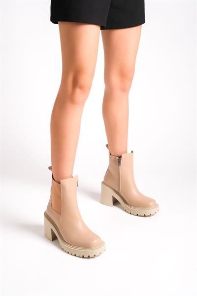 Mubiano MB7575-N Nude Kalın Taban Platformlu Kalın Topuklu Elastik Yan Bantlı Kadın Kısa Bot & Bootie