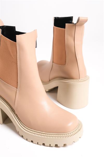 Mubiano MB7575-N Nude Kalın Taban Platformlu Kalın Topuklu Elastik Yan Bantlı Kadın Kısa Bot & Bootie