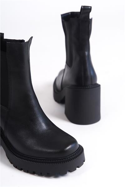 Mubiano MB7575-S Siyah Kalın Taban Platformlu Kalın Topuklu Elastik Yan Bantlı Kadın Kısa Bot & Bootie