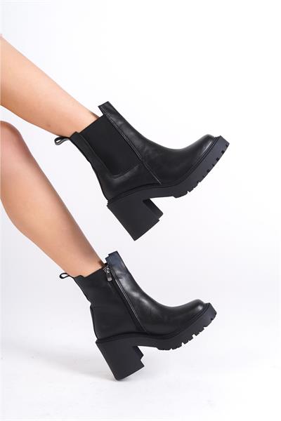 Mubiano MB7575-S Siyah Kalın Taban Platformlu Kalın Topuklu Elastik Yan Bantlı Kadın Kısa Bot & Bootie