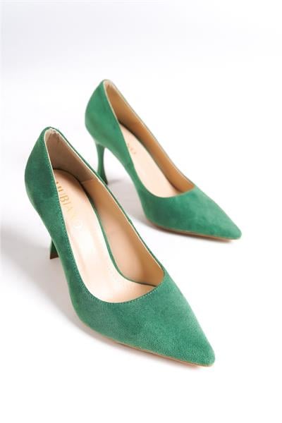 Mubiano Hakiki Deri MB970-Y Kadın İnce 9 cm Topuklu Yeşil Süet Stiletto & Topuklu Ayakkabı