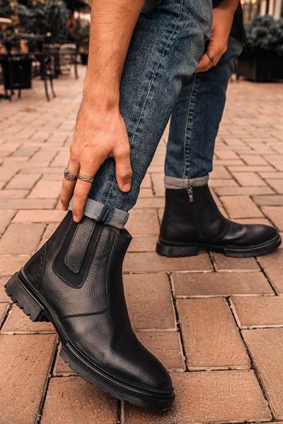 Mubiano Hakiki Deri MBBLC22508-S Siyah İçi Kürklü Fermuarlı Lastik Detaylı Erkek Klasik Bot