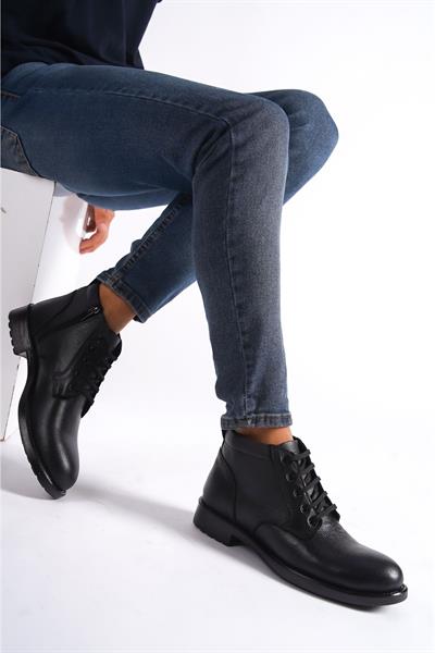 Mubiano Hakiki Deri MBCN2-S Siyah Kauçuk Taban Bağcık Detaylı Erkek Bot & Postal