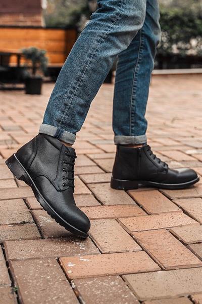 Mubiano Hakiki Deri MBCN2-S Siyah Kauçuk Taban Bağcık Detaylı Erkek Bot & Postal