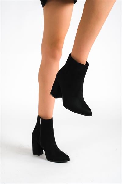 Mubiano MBESS2-S Kadın Siyah Süet Kalın Topuklu Fermuarlı Bot & Bootie