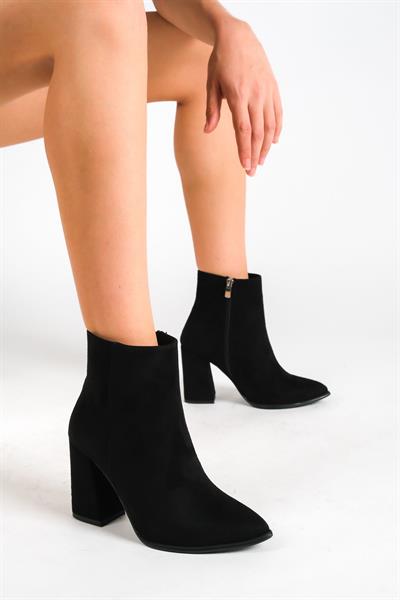Mubiano MBESS2-S Kadın Siyah Süet Kalın Topuklu Fermuarlı Bot & Bootie