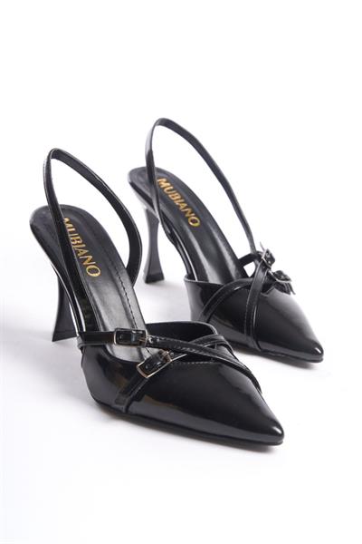 Mubiano MBHRN700-S Kadın Arkası Açık Yüksek Topuklu Sivri Burun Rugan Siyah Stiletto & Topuklu Ayakkabı
