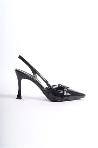 Mubiano MBHRN700-S Kadın Arkası Açık Yüksek Topuklu Sivri Burun Rugan Siyah Stiletto & Topuklu Ayakkabı