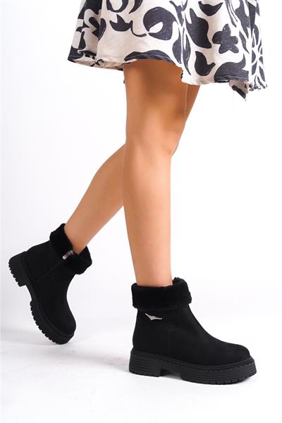 Mubiano MBIBR205-S Kadın Siyah Süet Yakası Kürklü Kalın Thermo Taban Kısa Bot & Bootie