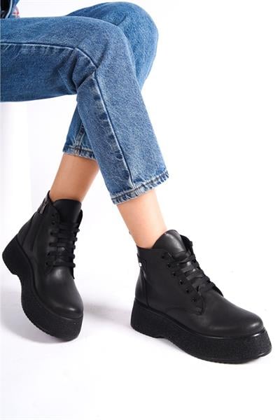 Mubiano MBKDR360-S Siyah Kalın Yüksek Tabanlı Bağcıklı Bot & Bootie