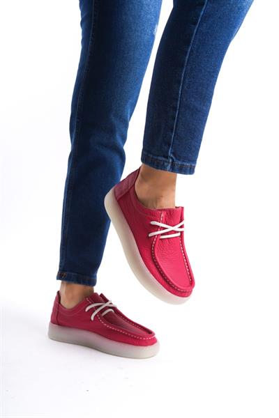 Mubiano Hakiki Deri MBMTT401-FS Kadın Kalın Taban Bağcık Detay Fuşya Loafer