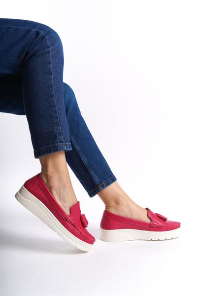 Mubiano Hakiki Deri MBMTT501-FS Kadın Kalın Taban Fuşya Babet &Loafer