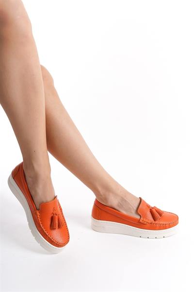 Mubiano Hakiki Deri MBMTT501-ORJ Kadın Kalın Taban Oranj Babet &Loafer